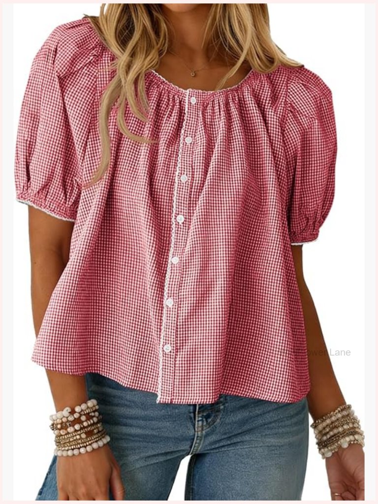 Puff Sleeve Gingham Blouse - Crew Neck Button Down - Casual Summer Top